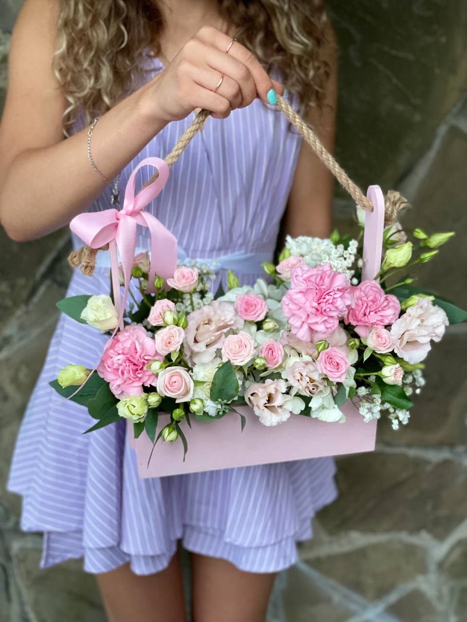 Flowers in Crates and Hanging Baskets