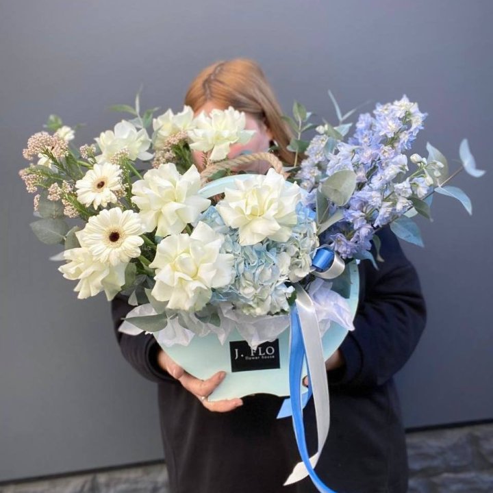 White Roses and Delphinium Crate in Dubai