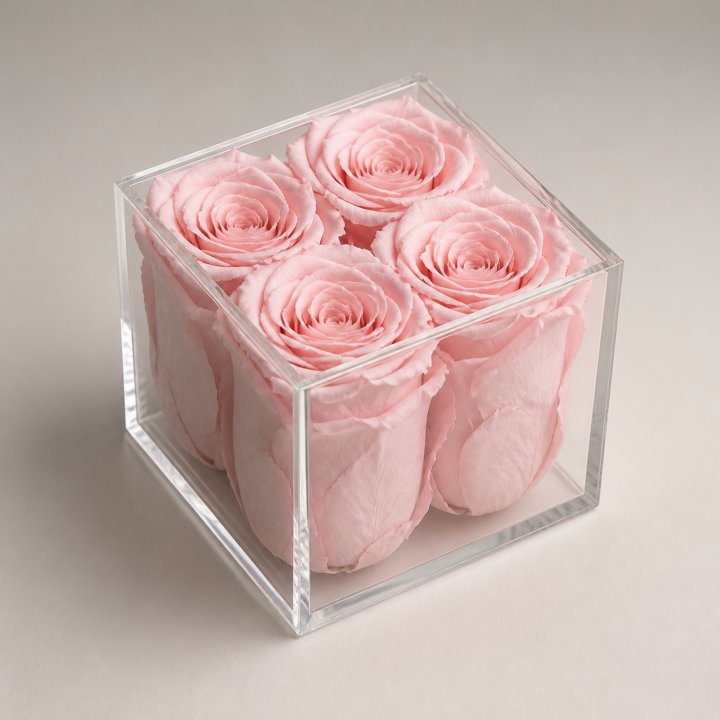 Four Forever Powder Pink Roses in Acrylic Box in Yerevan