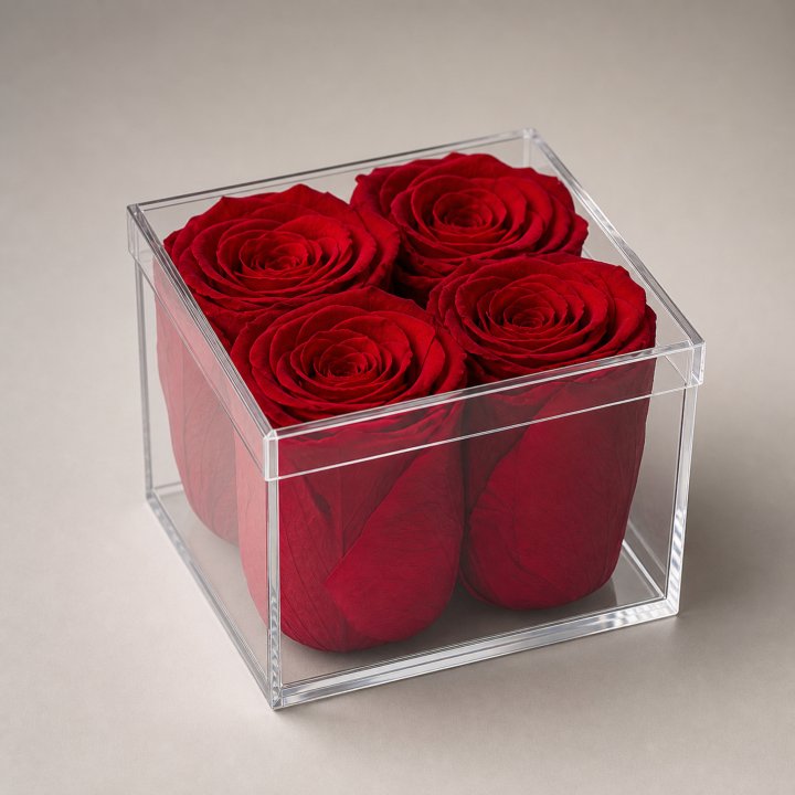 Four Forever Red Roses in Acrylic Box in Yerevan