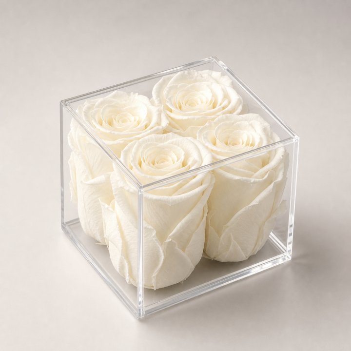 Four Forever White Roses in Acrylic Box in Yerevan