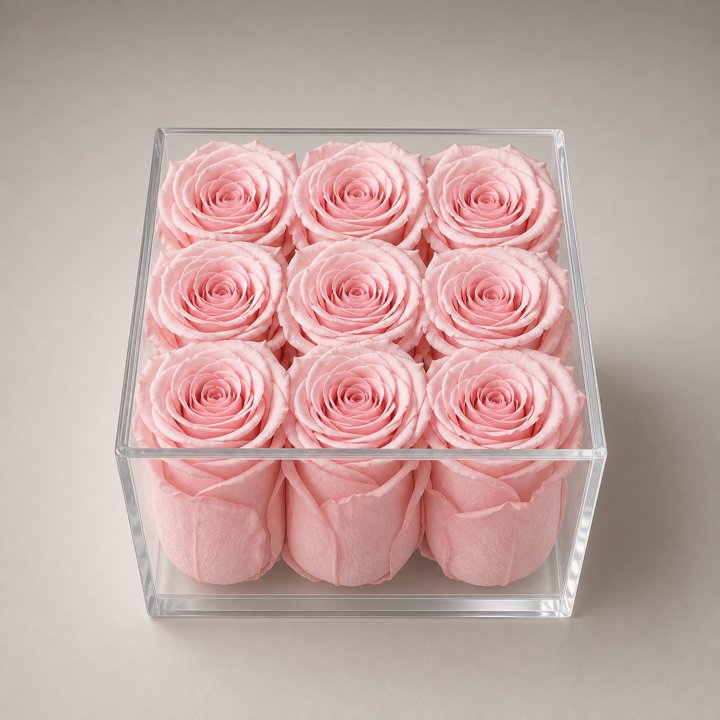 Nine Forever Powder Pink Roses in Acrylic Box in Yerevan