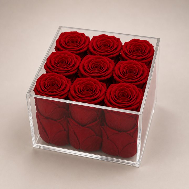 Nine Forever Red Roses in Acrylic Box in Yerevan