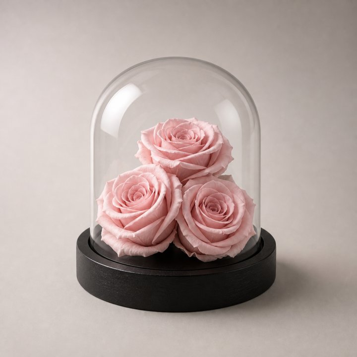 Three Forever Powder Pink Roses in Glass Dome in Yerevan