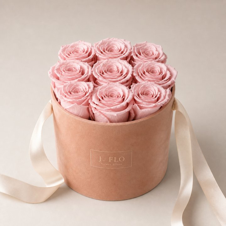 Nine Forever Powder Pink Roses in Velvet Hat Box in Yerevan