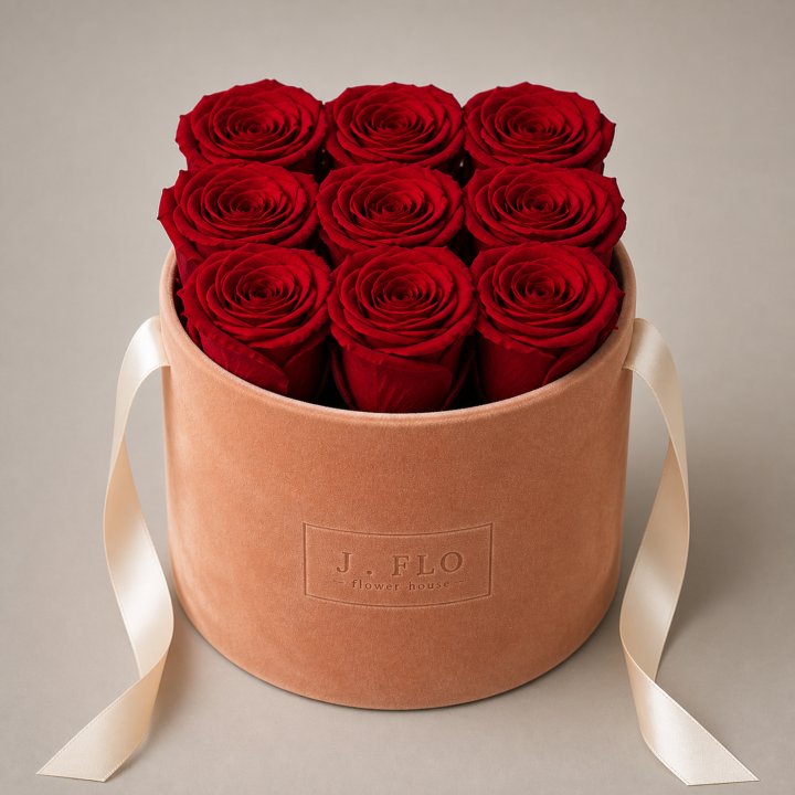 Nine Forever Red Roses in Velvet Hat Box in Yerevan