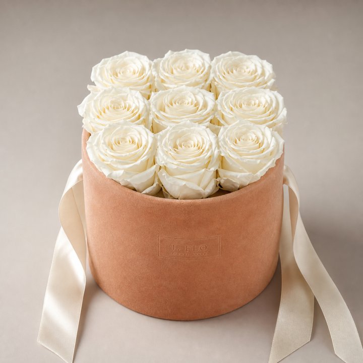 Nine Forever White Roses in Velvet Hat Box in Yerevan