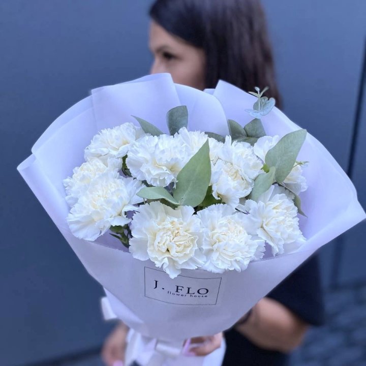 Bouquet of White Dianthus with Eucalyptus in Copenhagen