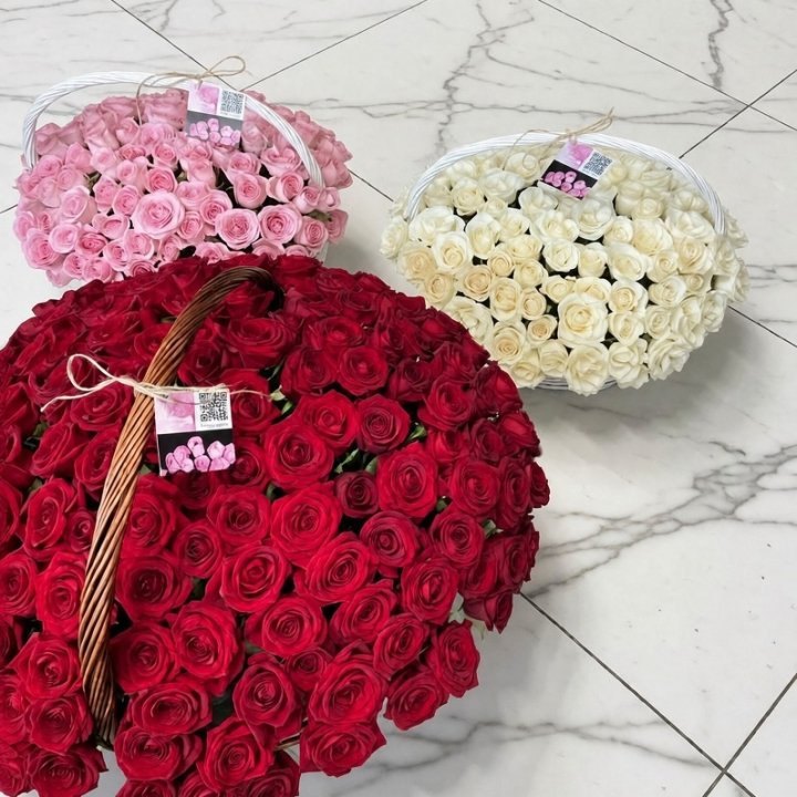 Set of Three Baskets with Local Roses in Fethiye